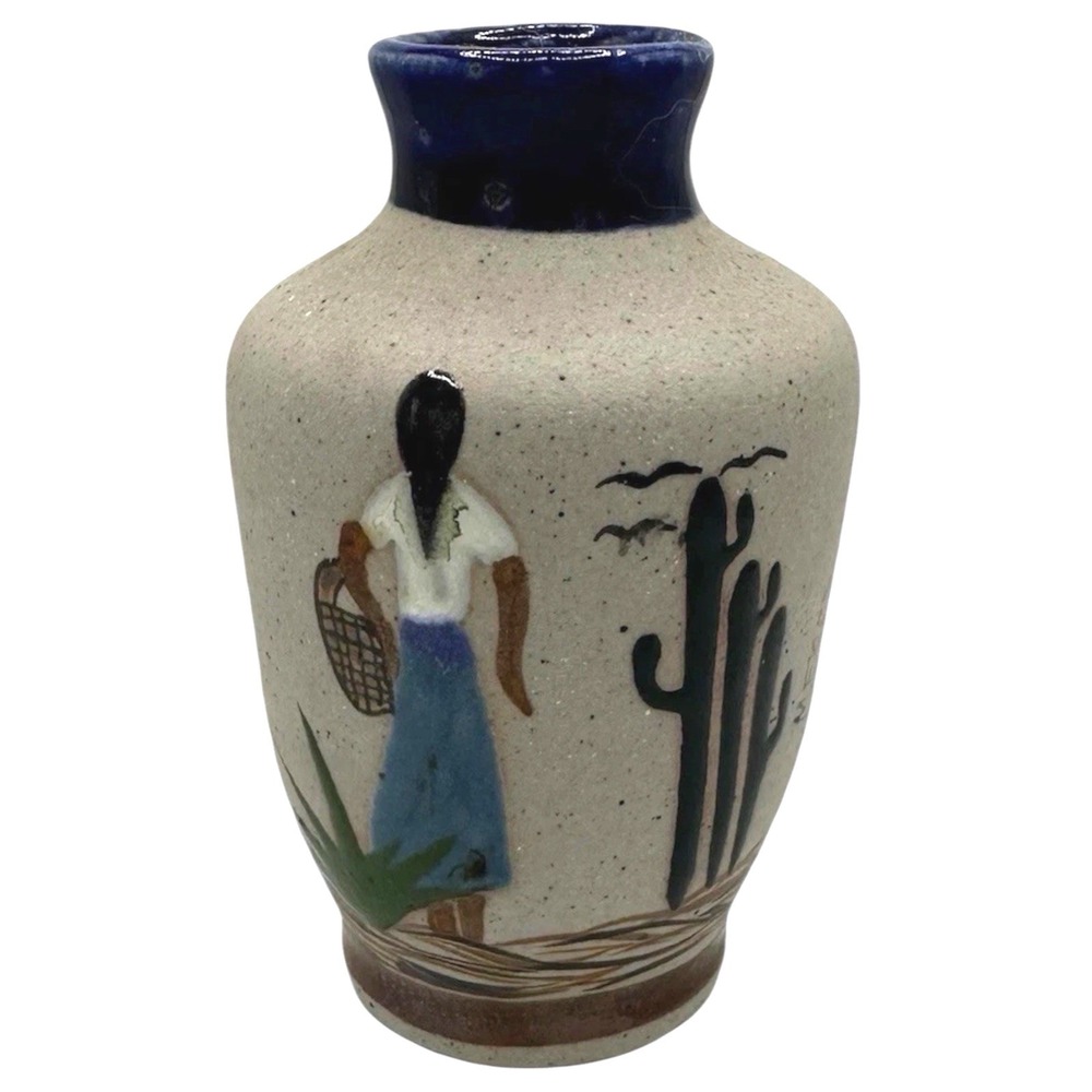 Mexico Pottery Bud Vase Hand Painted Desert Scene Blue Rim Small - Picture 1 of 7